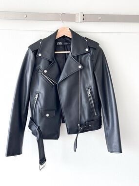 ZARA Black Faux Leather Biker Jacket with Belt